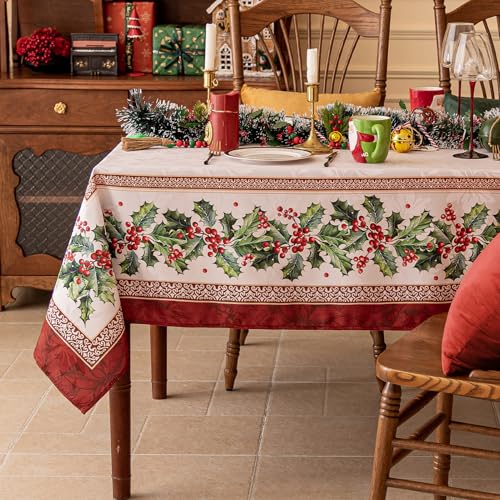 Holly Christmas Jacquard Rectangle Tablecloth - 60 x 120 Inch, Holiday Decor