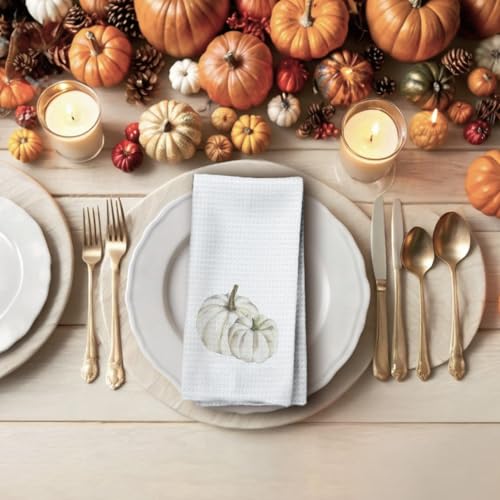 White Fall Kitchen Towels with Pumpkin Design - 16x24in Decorative Hand Towels