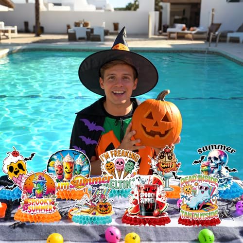 Summer Halloween Ghost & Beach Honeycomb Centerpieces - 9 Pack