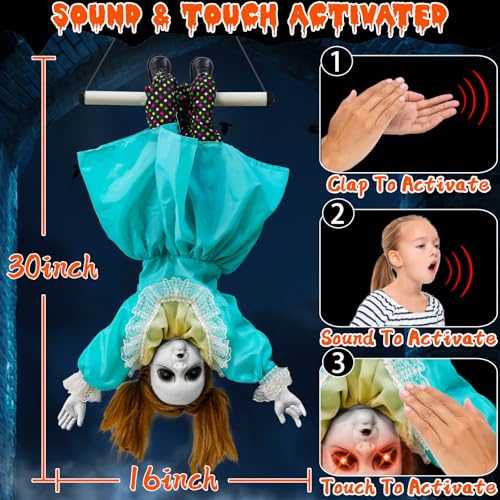 30-Inch Halloween Animatronic Hanging Doll with Moving Hands and Glowing Eyes