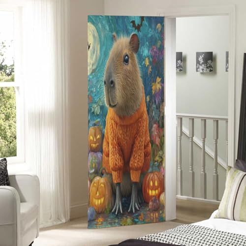 Halloween Door Cover Banner - Capybara Pumpkins Teal Door Decor for Indoor Outdoor Party