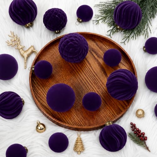 Velvet Christmas Ornaments Set 36PCS Flocked Holiday Decorations - Purple, Shatterproof