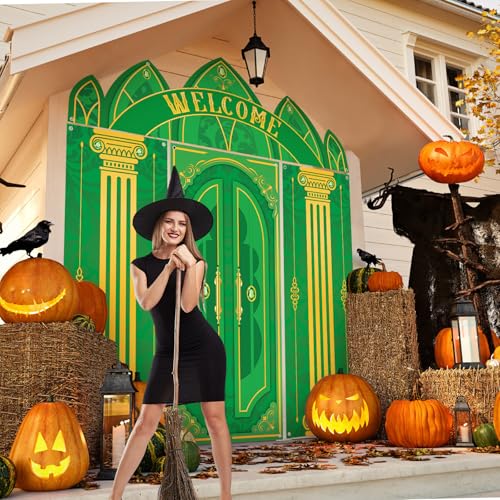 Witch Theme Green Castle Door Cover Set - Fairytale Backdrop for Halloween Party Decorations