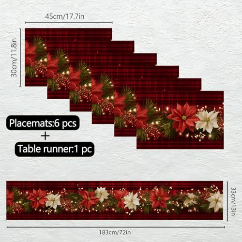 Christmas Table Runners and Placemats Set of 6 - Red Plaid with Poinsettia & Floral Design, Variation 124