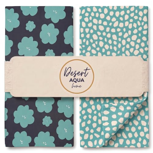 Turquoise Microfiber Dish Towels 2-Piece Set - Waffle Weave Kitchen Towels with Hanging Loops
