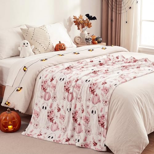 Pink Pumpkin Ghost Fall Throw Blanket - Halloween Soft Flannel 50x60 inches - Spooky Pumpkin Variation