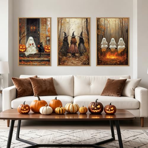 Halloween Wall Art Set of 3 - Framed Gothic Witch Crow Raven Black Cat 24x36 Inches