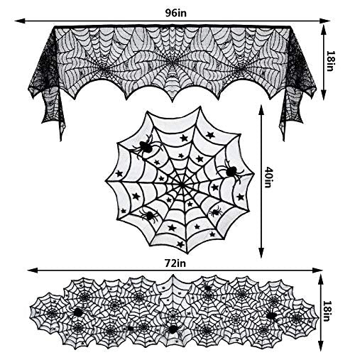 Black Lace Halloween Decorations Set - Spider Web Tablecloth & Mantel Scarf - 3 Pack