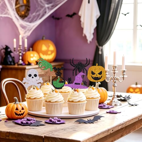 Black 24 Pcs Halloween Cupcake Toppers - Pumpkin & Ghost Party Decorations