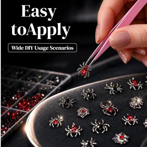 Halloween Nail Charms and Rhinestones Set - Spider Alloy Gems for DIY Nail Art
