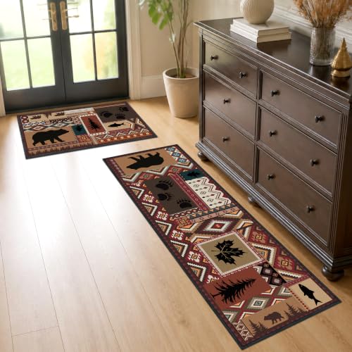 Southwestern Bear Kitchen Rugs Set - 2 Pieces, Non-Slip, Farmhouse Decor