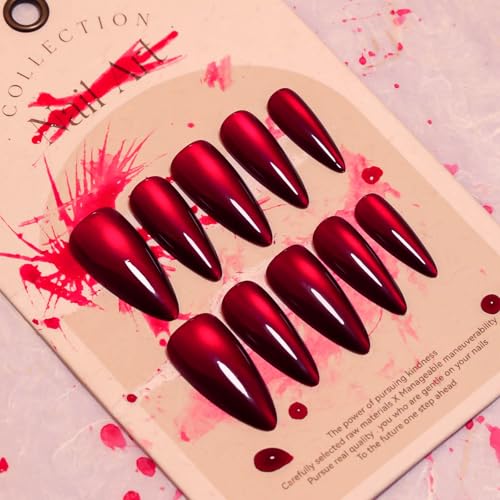 Halloween Press On Nails - Long Red Stiletto with Cat's Eye Design - Almond Style-22