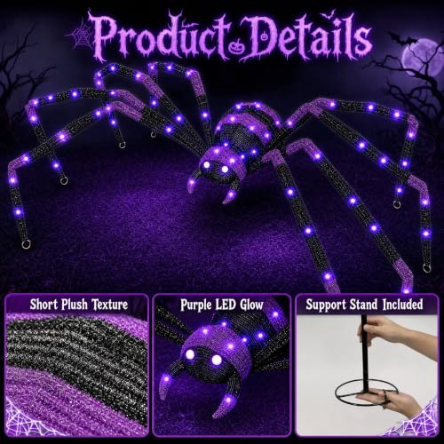 6.8 Ft Outdoor Halloween Giant Spider with 128 Purple LED Lights for Yard & Haunted House