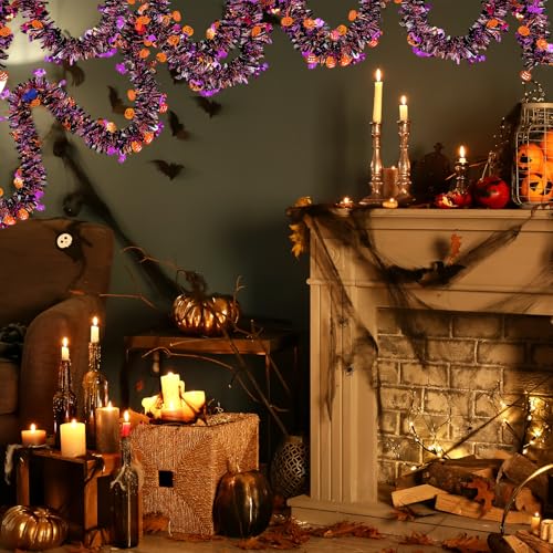 Halloween Tinsel Garland 33FT Pumpkin Bat Metallic Decor for Party & Home