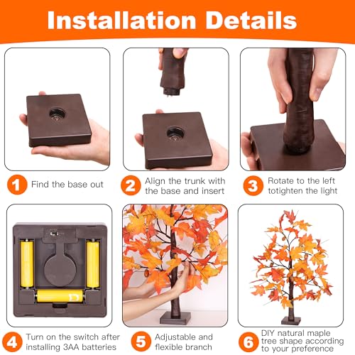 Huyamap 2 Pack 24-Inch Fall Maple Tree Lights with Pumpkin Acorns & Lampshades, Indoor Thanksgiving Decor - Style 2