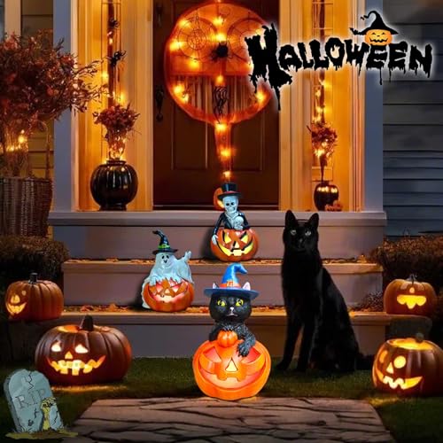 Black Cat Halloween Garden Statue with Solar Pumpkin Lights - Outdoor Decor