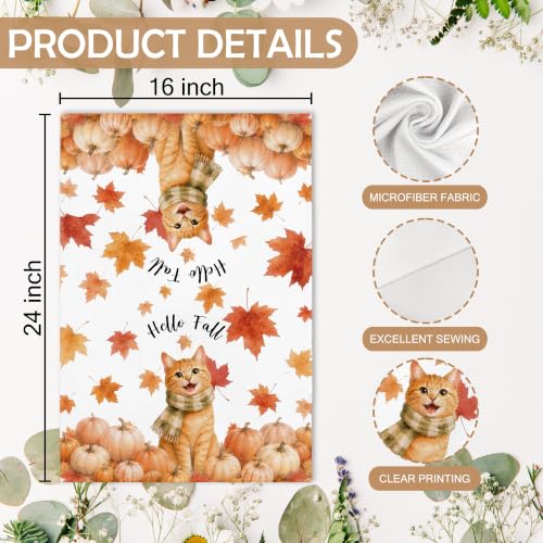 Hello Fall Orange Tabby Cat Kitchen Towels and Dishcloths - 16x24in - Cat Lover Gift