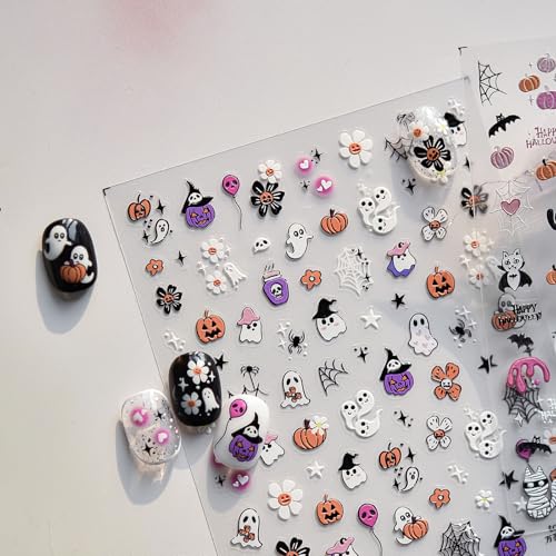 Halloween Nail Art Stickers 5D Embossed Decals with Ghost Pumpkin Spiders