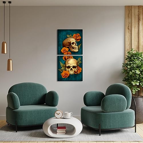 Gothic Skull Wall Art Set - 2 Canvas Prints with Roses for Home Decor