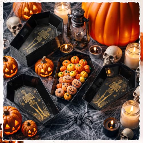 Halloween Candy Bowls Set - 24 Black Coffin-Shaped Plastic Trays with Skeleton & Spiderweb Details - Variation: Skeleton Coffin / Black / 24