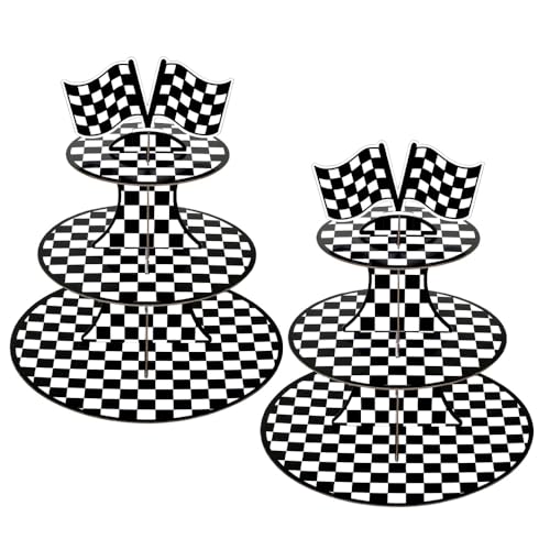 Race-Themed 2 Pack 3-Tier Cupcake Stand Checkered Flag Cardboard Tower Holder - Purple