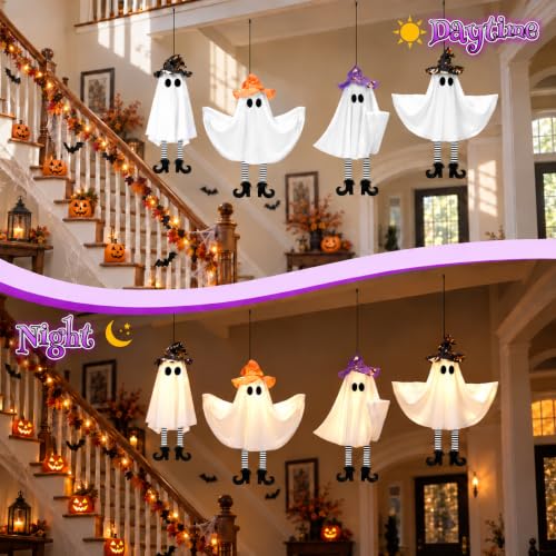Halloween Decorations Outdoor Indoor Warm Light-Up Hanging Ghosts with Legs & Witch Hat - 4 Pack