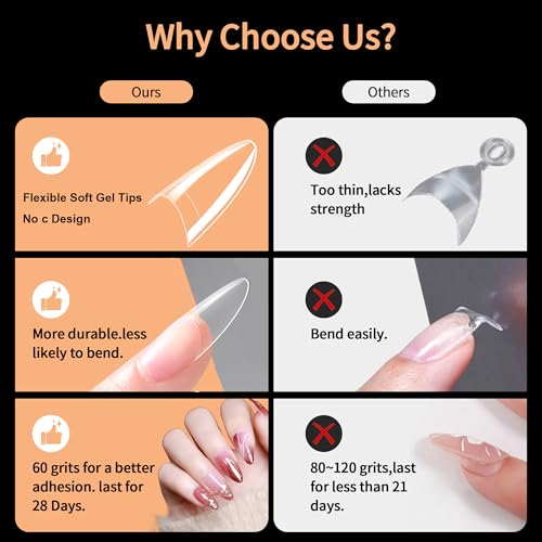 SITELENABY Long Almond Nail Tips,300PCS Soft Gel Pre-Shaped Acrylic Nail Tips X Half Cover Press On Nails, Almond Shape Nails For Nail Extension DIY