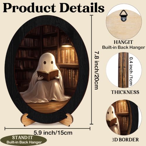 Vintage Ghost Library Halloween Oval Wall Art Frame - Bookish Ghost Variation