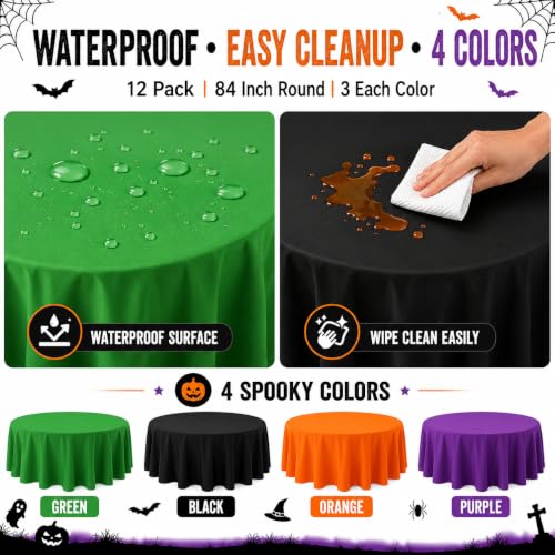 12 Pcs Halloween Plastic Round Tablecloths - Black, Purple, Orange & Green, 84 Inch Disposable Cover Set