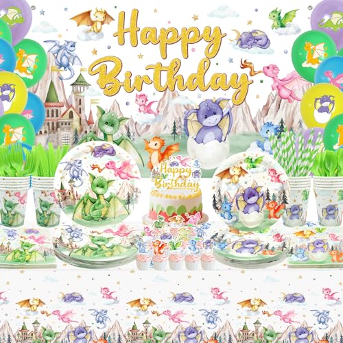 Dragon Party Supplies Set for 20 Guests - Birthday Backdrop Plates Cups Napkins Balloons