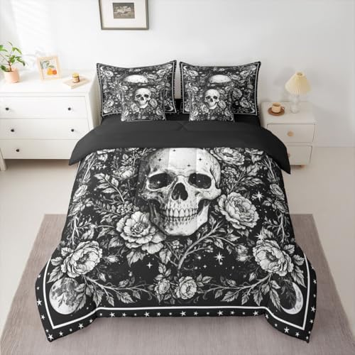 Queen Gothic Comforter Set with Sheets - White & Black Skeleton Halloween Bedding