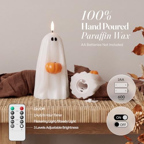 Halloween Ghost Candle Holders with Pumpkin - Flameless LED Decor, Safe & Realistic Flicker