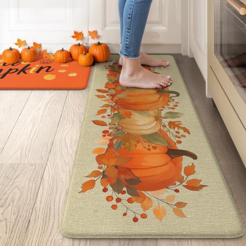 Fall Pumpkin Anti-Fatigue Kitchen Mats Set - Non Slip Cushioned Rugs 17.3x47 & 17.3x29 Inches, Orange