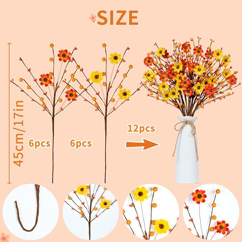 Fall Floral Stems 12PCS Autumn Artificial Flowers with Berries for Centerpieces