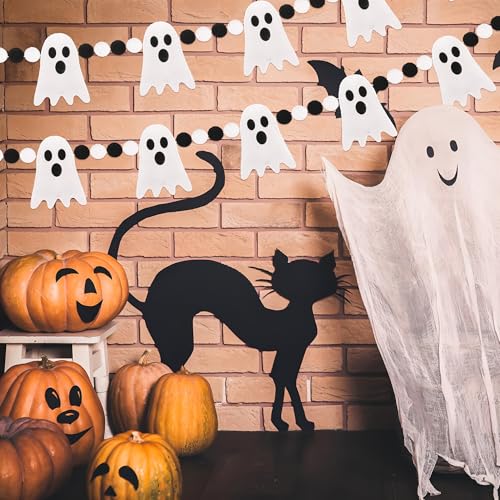 Halloween Ghost Felt Garland with Pom Poms - 4 Ft Spooky Party Decor
