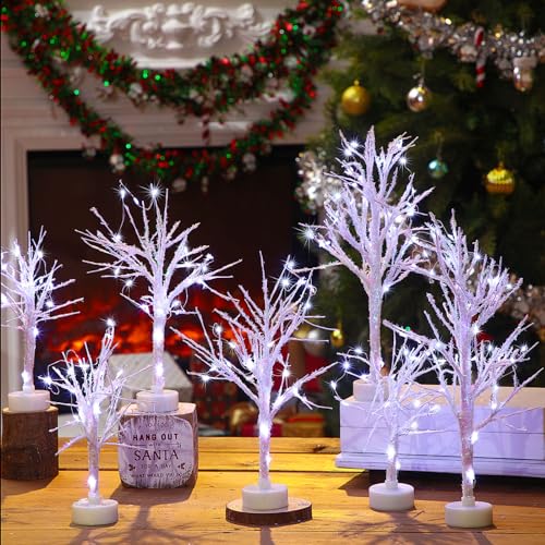 7 Pack LED Birch Tree Village Decor with Lights for Christmas & Holiday Scene