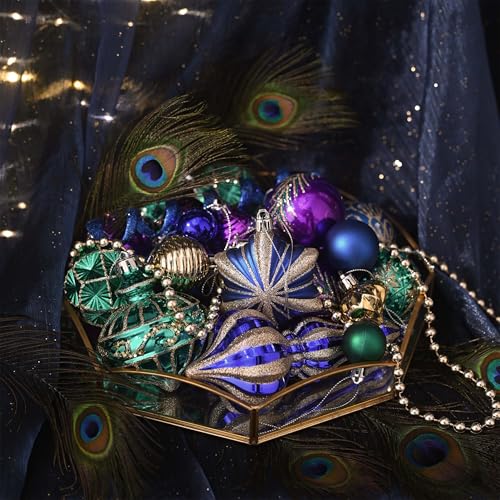Peacock Blue Purple Green Shatterproof Christmas Tree Ornaments Set - 60pcs Holiday Decor