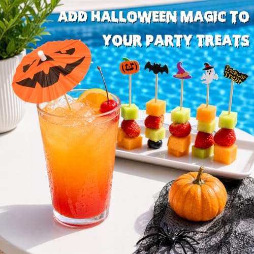 Summer Halloween Party Decorations Set with 100 Drink Umbrellas & 100 Cocktail Picks - 5 Designs for Cocktails, Cupcakes & Snacks
