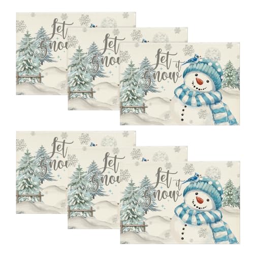Christmas Table Mat Set with Table Runner - Snowman Snowflake Holiday Decor, 6 Pieces