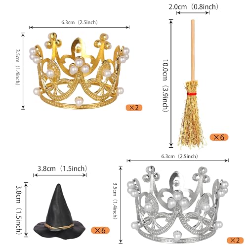 Halloween Witch Hat Cake Topper Set with Broom and Crown - 16 Pack for Parties & Celebrations - Variation 1