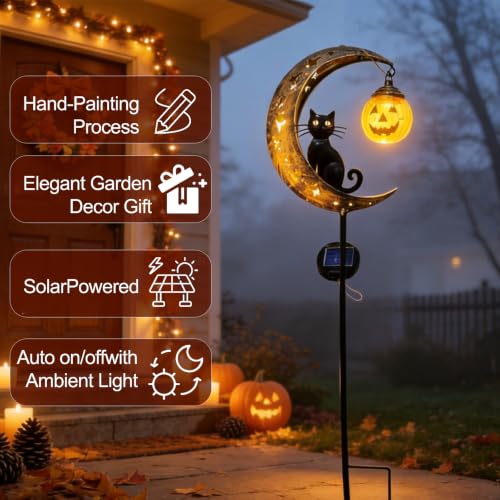 Solar Halloween Black Cat and Pumpkin Garden Stake Lights Outdoor Decor