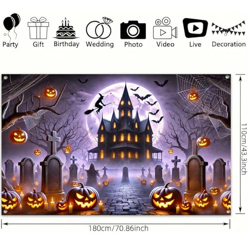 Halloween Backdrop Witch Graveyard Banner - 71 x 43 Inches for Party & Photo Booths