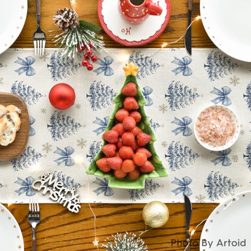 Christmas Table Runner 13x108 Inch Snowflakes Bowknot Seasonal Decor for Home & Kitchen
