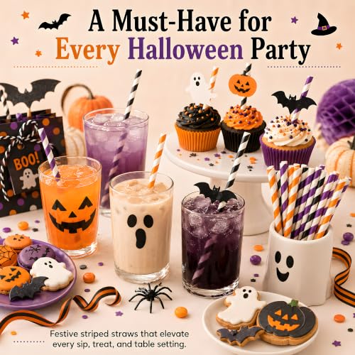 Paper Drinking Straws Set - Orange, Black, Purple for Halloween & Parties - 100 Pack