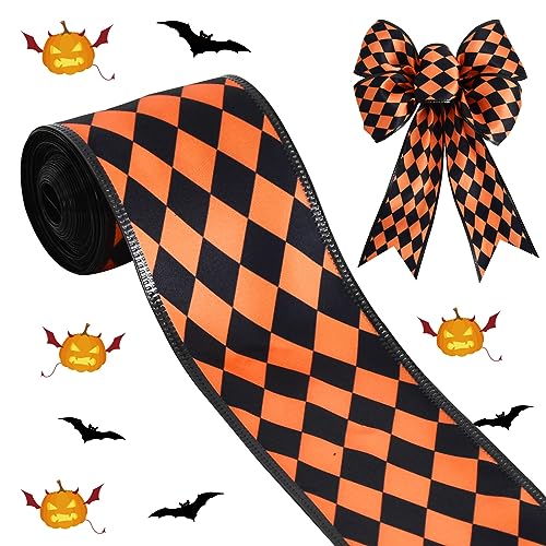 Wired Satin Ribbon for Crafts & Decorations - Orange-Rhombus, 2.5 Inch x 6 Yards