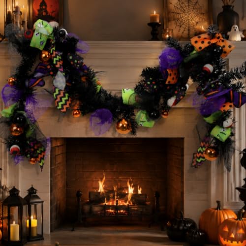 Halloween Garland for Mantle 6ft with Mesh Ribbon and Ornaments