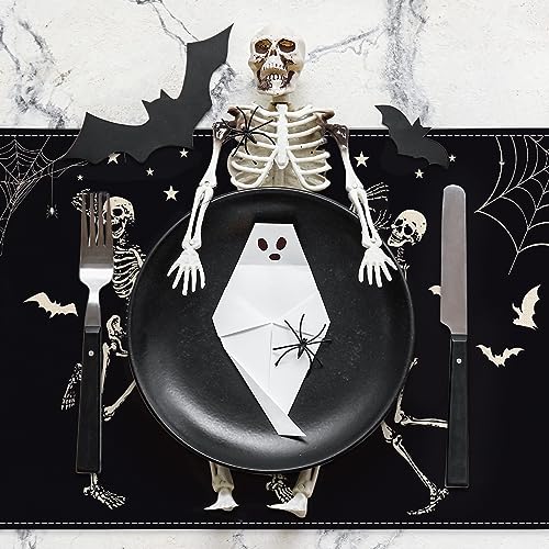 Halloween Dancing Skeletons Placemat Set - Black & White Table Mats, Heat Resistant & Non-Slip, 12x18 Inches