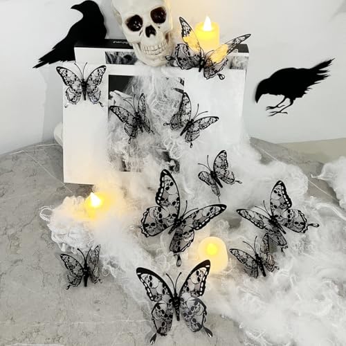 Halloween Wall Sticker Butterfly Decals with Skull Design - 24PCS Black Bats Variation