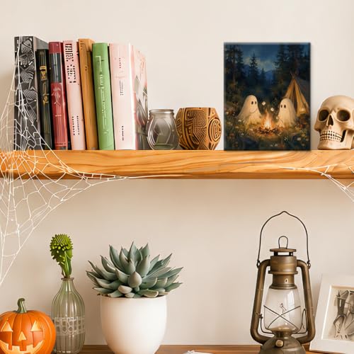 Halloween Ghost Wall Art Canvas Print - Framed Forest Campfire Scene - Variation of Halloween-13