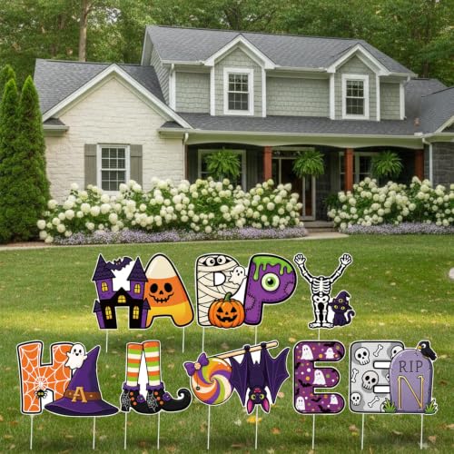 8 Pcs Halloween Yard Sign Set with Cartoon Designs - Outdoor Lawn Decorations